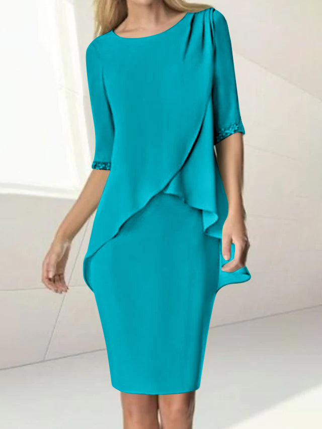 Knee Length Beaded Sheath Dress With Ruching For The Mother Of The Bride