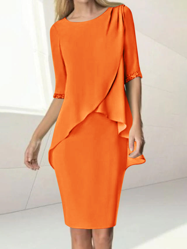 Knee Length Beaded Sheath Dress With Ruching For The Mother Of The Bride