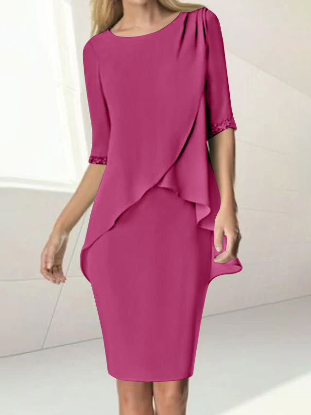 Knee Length Beaded Sheath Dress With Ruching For The Mother Of The Bride