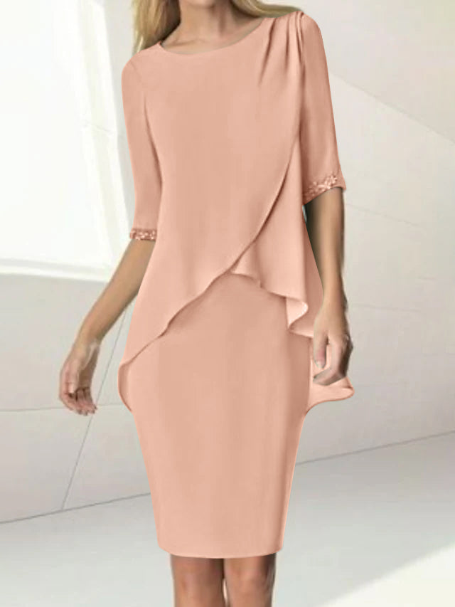 Knee Length Beaded Sheath Dress With Ruching For The Mother Of The Bride