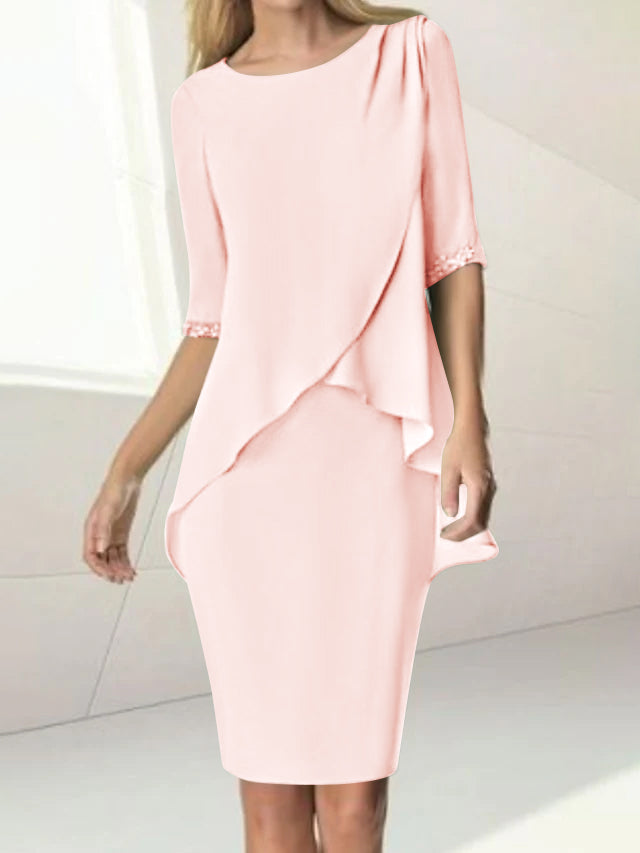 Knee Length Beaded Sheath Dress With Ruching For The Mother Of The Bride