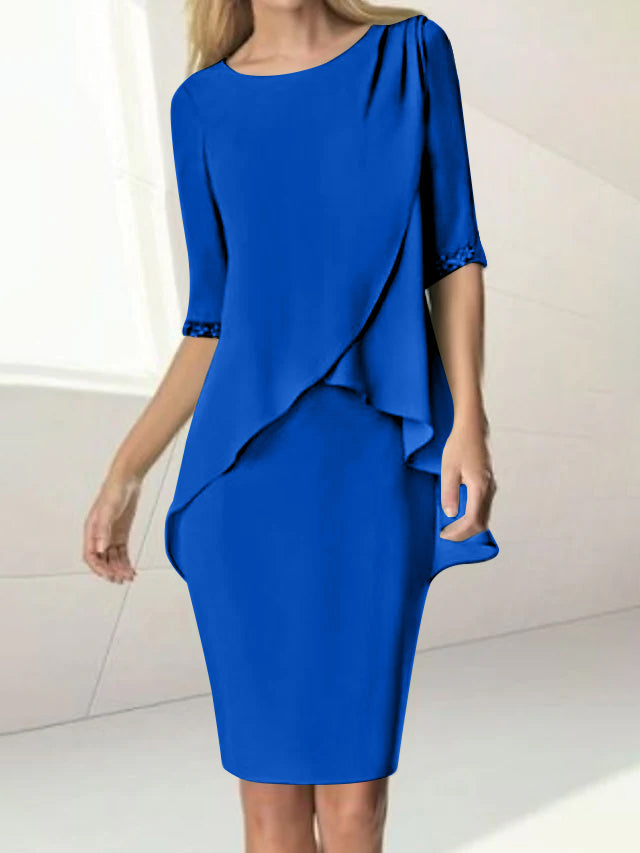 Knee Length Beaded Sheath Dress With Ruching For The Mother Of The Bride