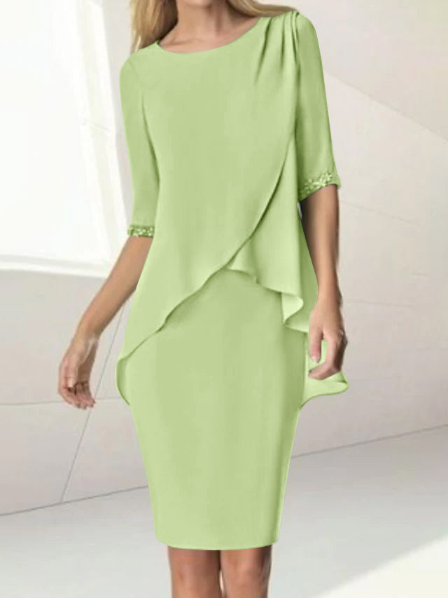 Knee Length Beaded Sheath Dress With Ruching For The Mother Of The Bride
