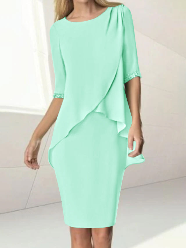 Knee Length Beaded Sheath Dress With Ruching For The Mother Of The Bride