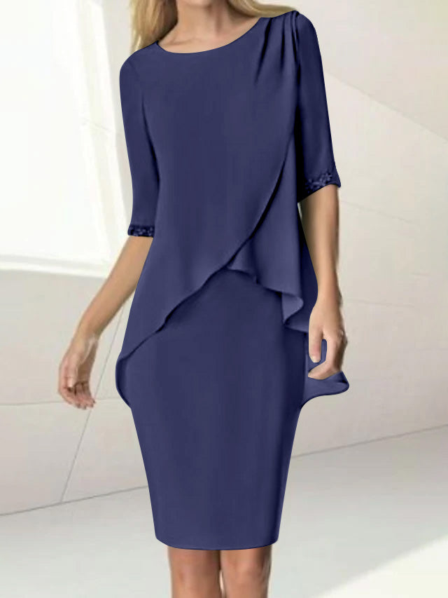 Knee Length Beaded Sheath Dress With Ruching For The Mother Of The Bride