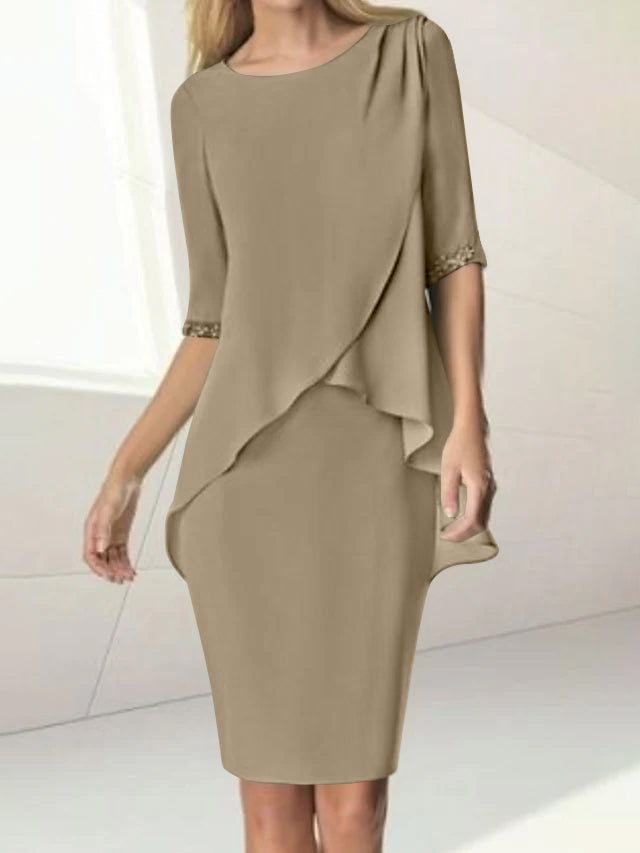 Knee Length Beaded Sheath Dress With Ruching For The Mother Of The Bride