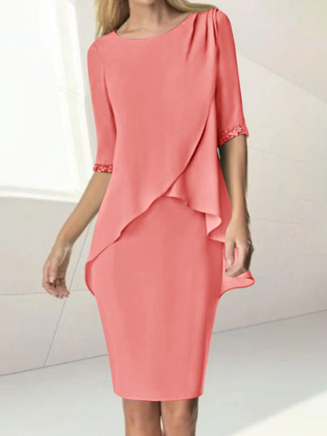 Knee Length Beaded Sheath Dress With Ruching For The Mother Of The Bride