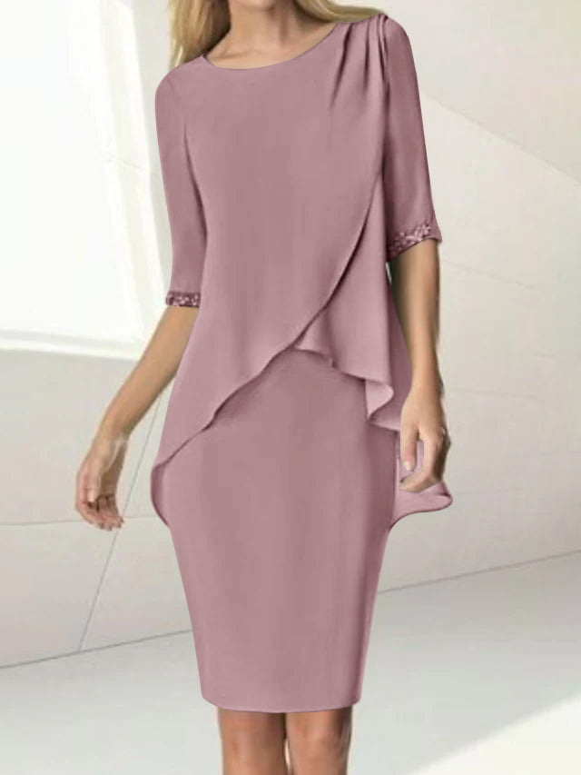 Knee Length Beaded Sheath Dress With Ruching For The Mother Of The Bride
