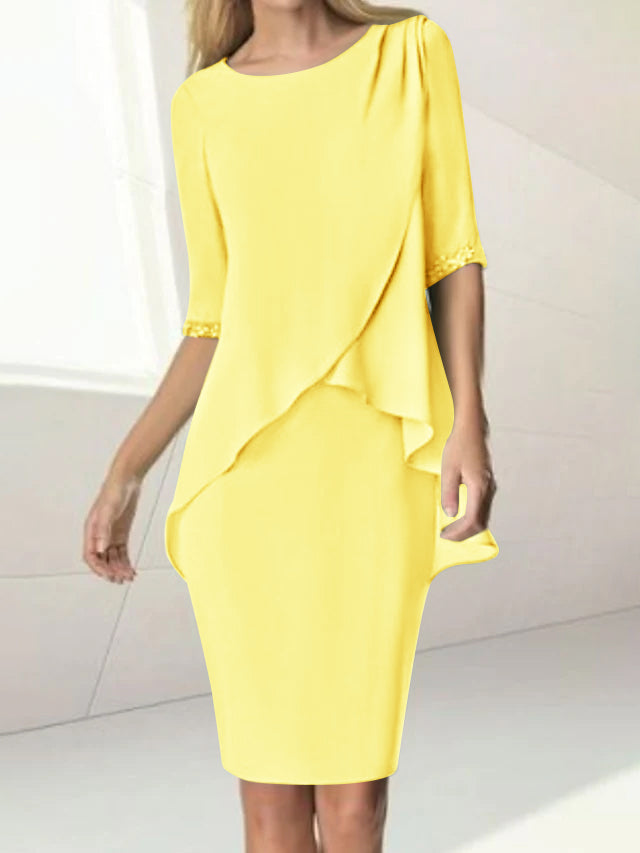 Knee Length Beaded Sheath Dress With Ruching For The Mother Of The Bride