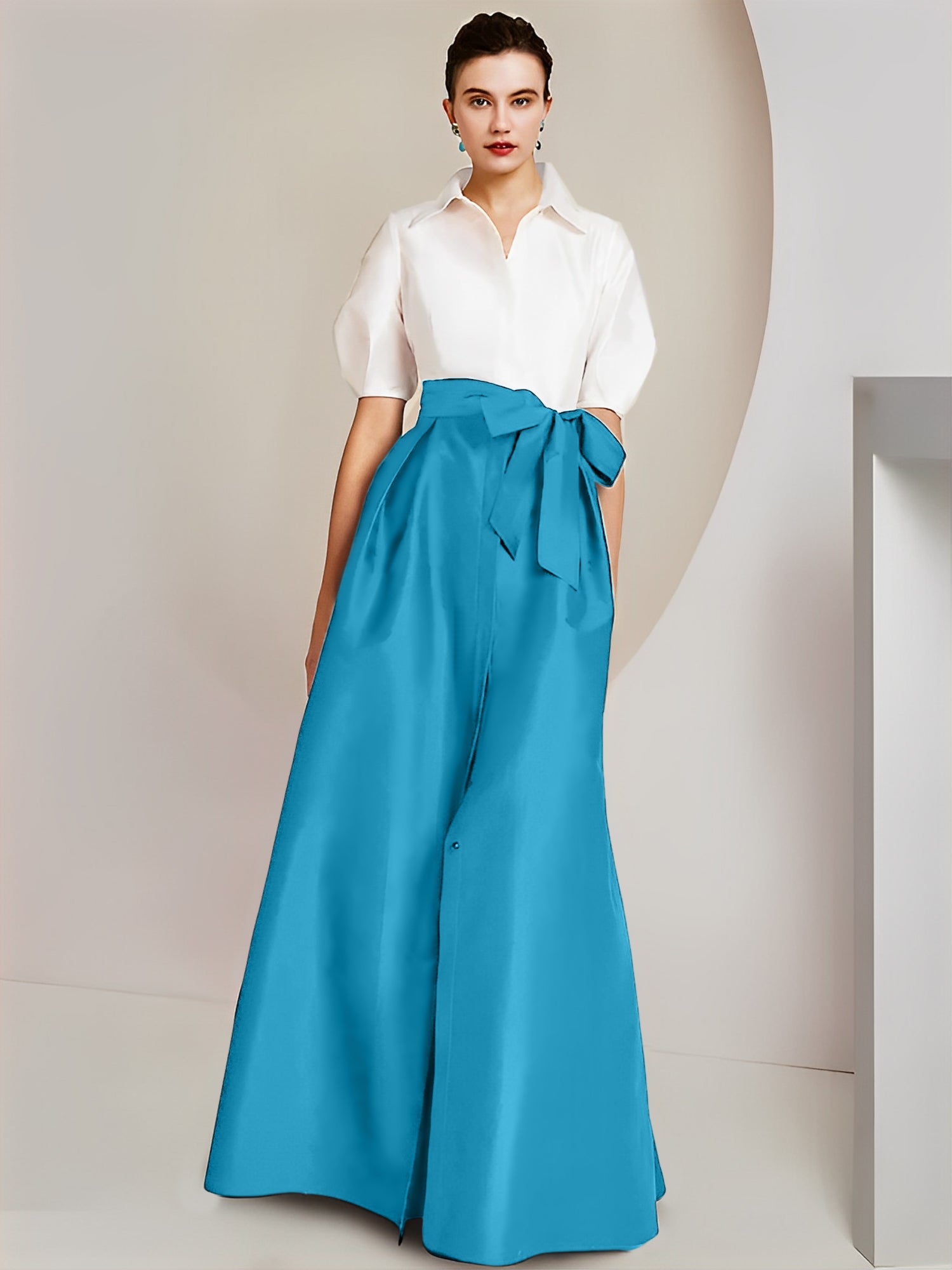 A Line Floor Length Mother Of The Bride Dress Bowknot Shirt Collar Short Sleeves