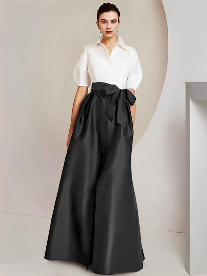 Vestido de 2 piezas para madre de la novia, corte A/princesa, cuello camisero, mangas cortas 