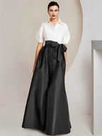 A Line Floor Length Mother Of The Bride Dress Bowknot Shirt Collar Short Sleeves