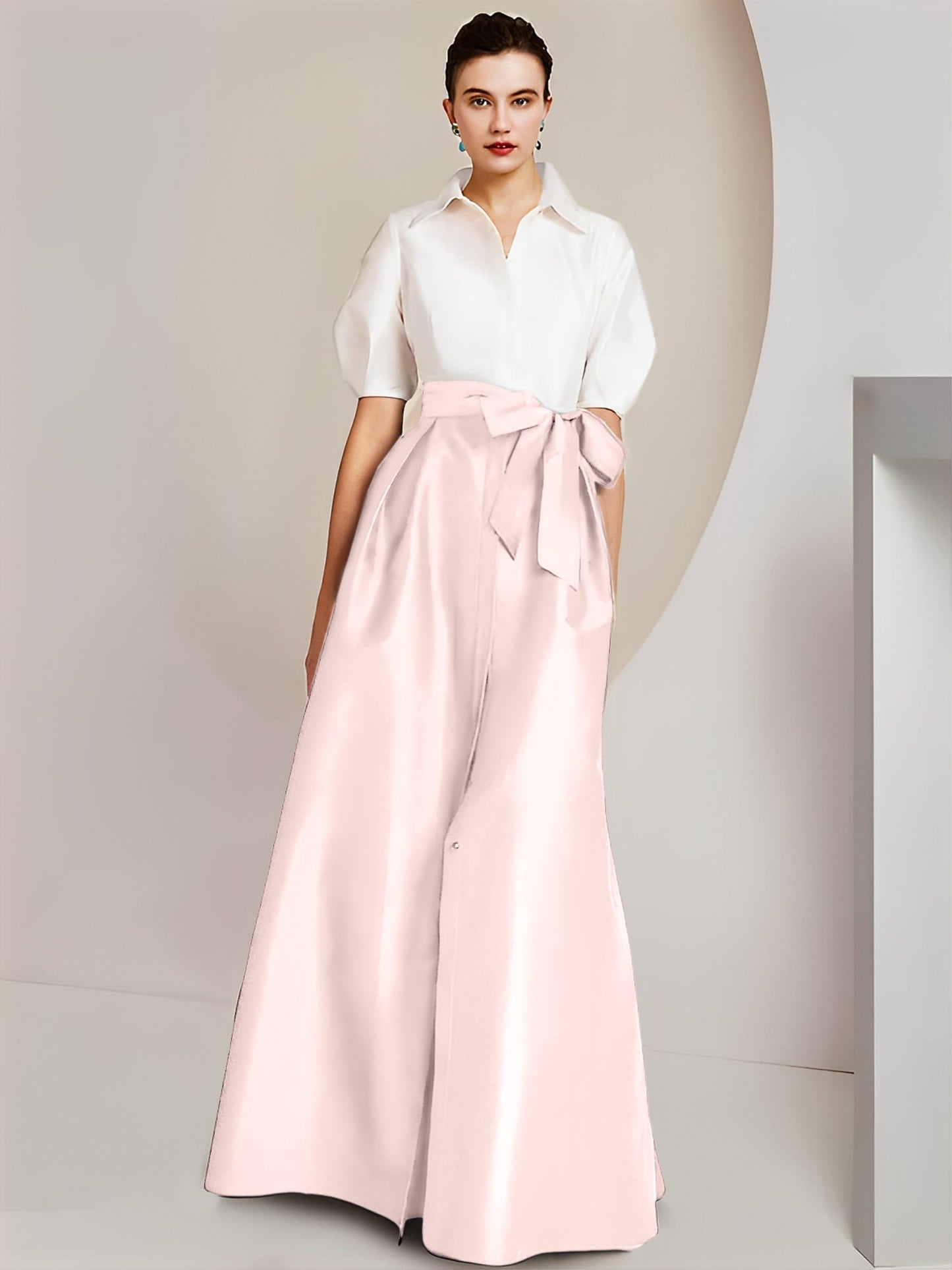 Vestido de 2 piezas para madre de la novia, corte A/princesa, cuello camisero, mangas cortas 