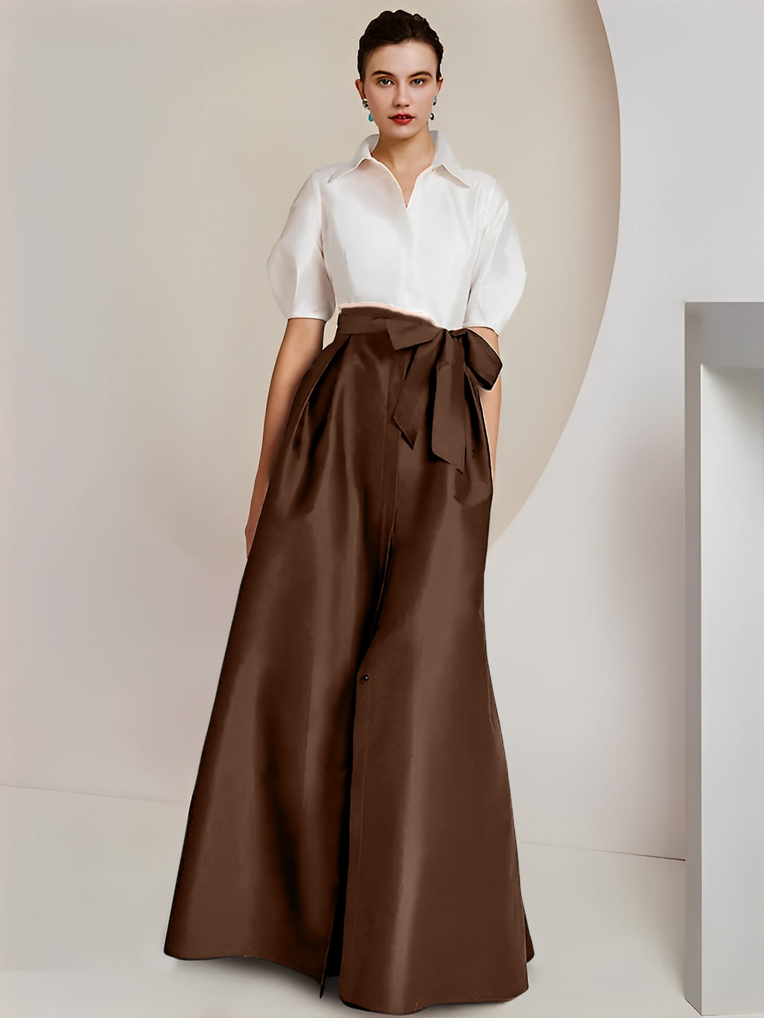 A Line Floor Length Mother Of The Bride Dress Bowknot Shirt Collar Short Sleeves