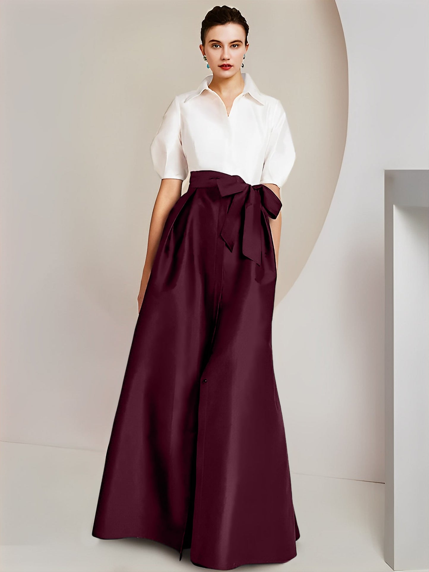 Vestido de 2 piezas para madre de la novia, corte A/princesa, cuello camisero, mangas cortas 