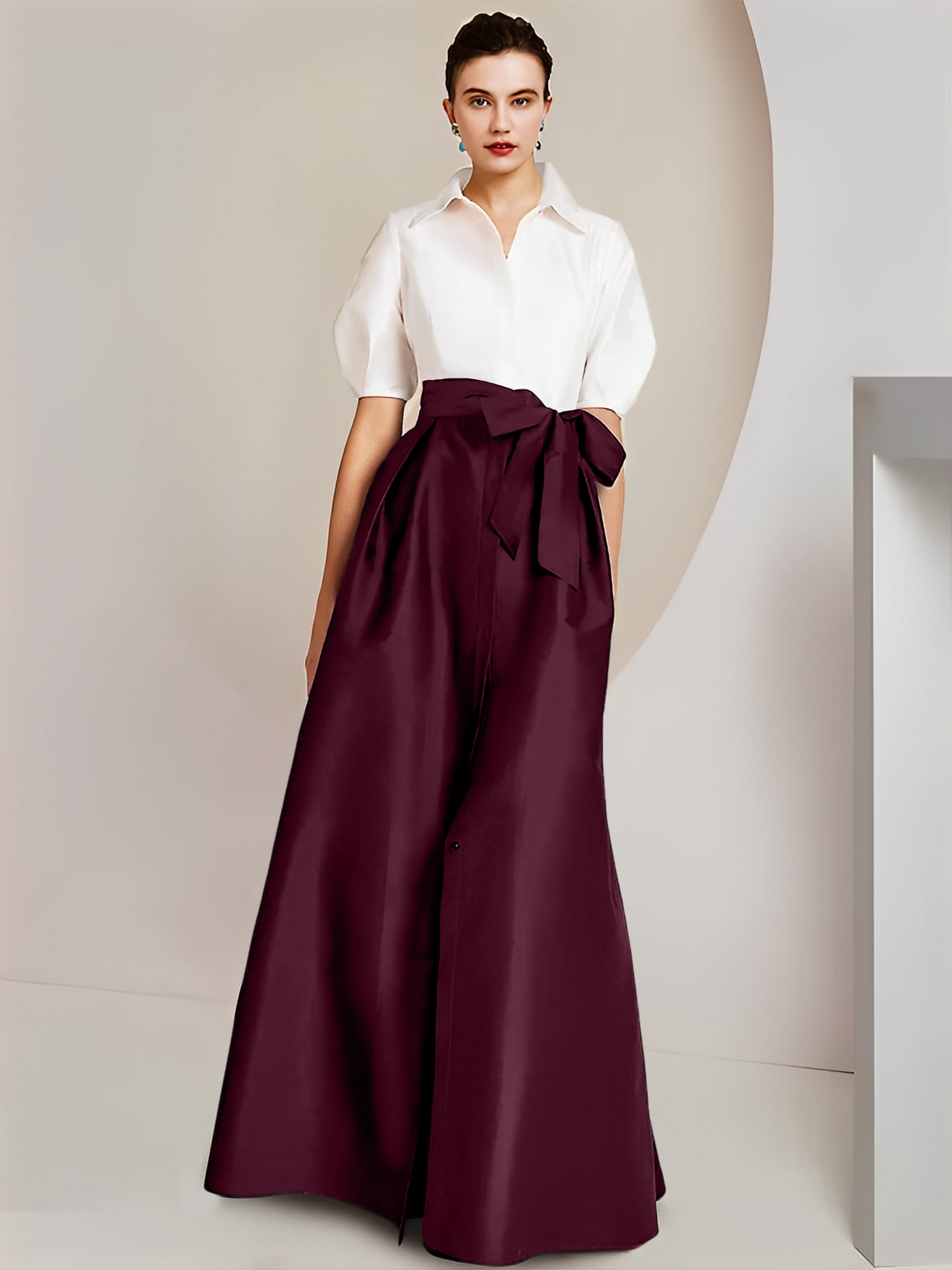 A Line Floor Length Mother Of The Bride Dress Bowknot Shirt Collar Short Sleeves