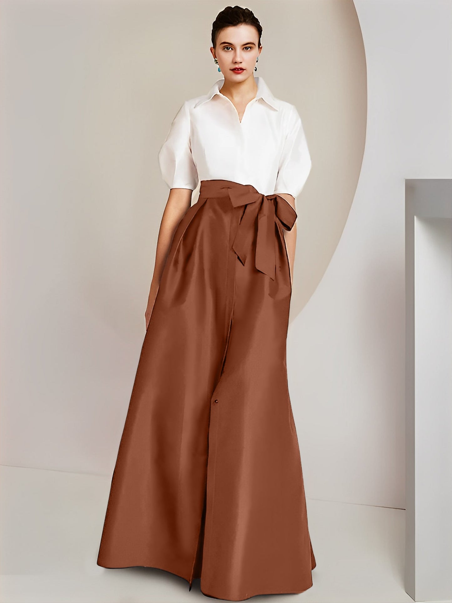 Vestido de 2 piezas para madre de la novia, corte A/princesa, cuello camisero, mangas cortas 