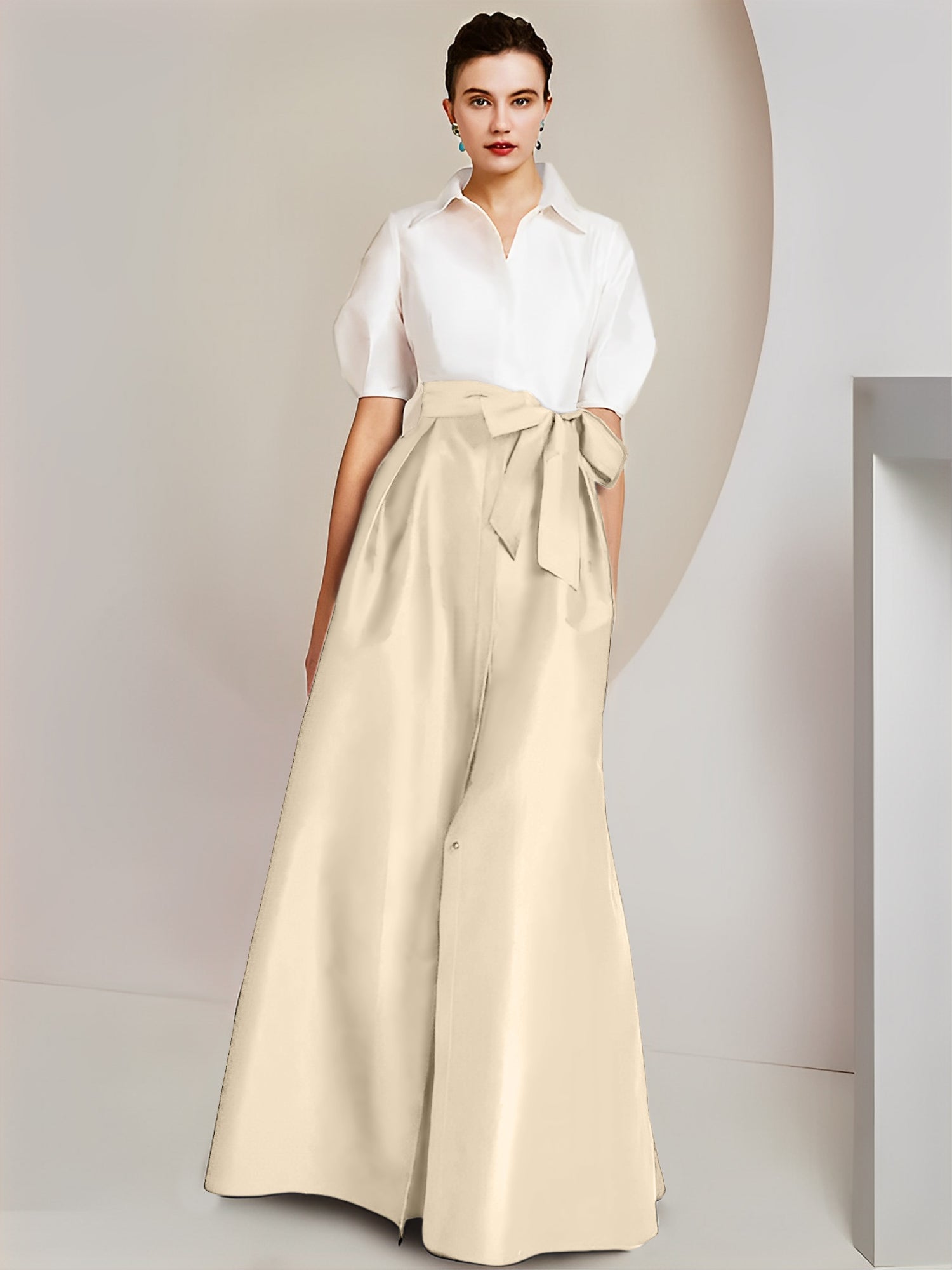 A Line Floor Length Mother Of The Bride Dress Bowknot Shirt Collar Short Sleeves