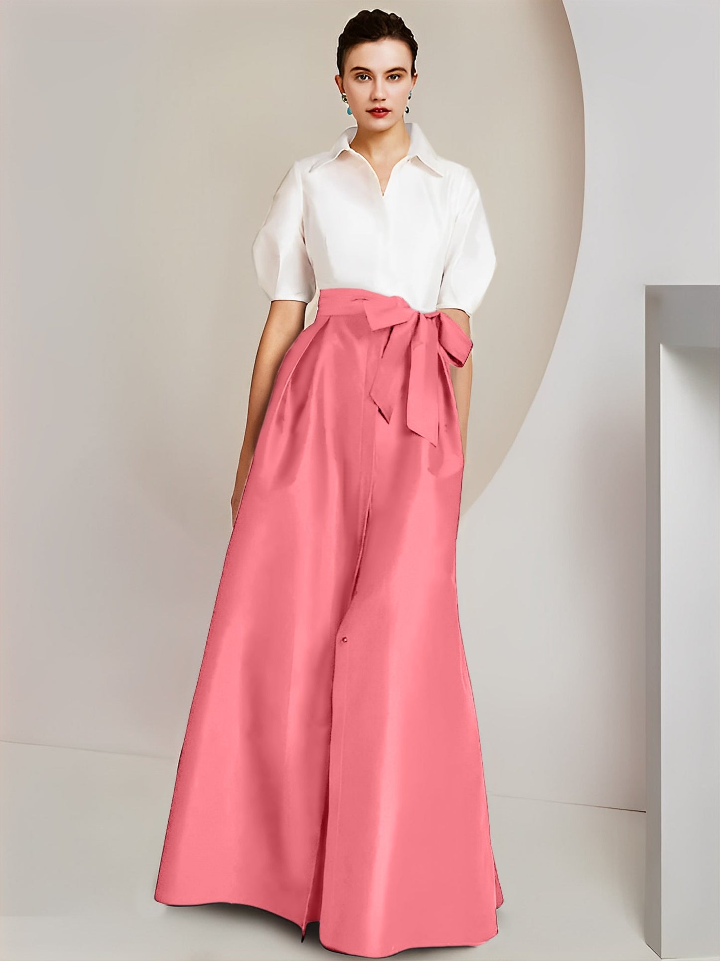 Vestido de 2 piezas para madre de la novia, corte A/princesa, cuello camisero, mangas cortas 