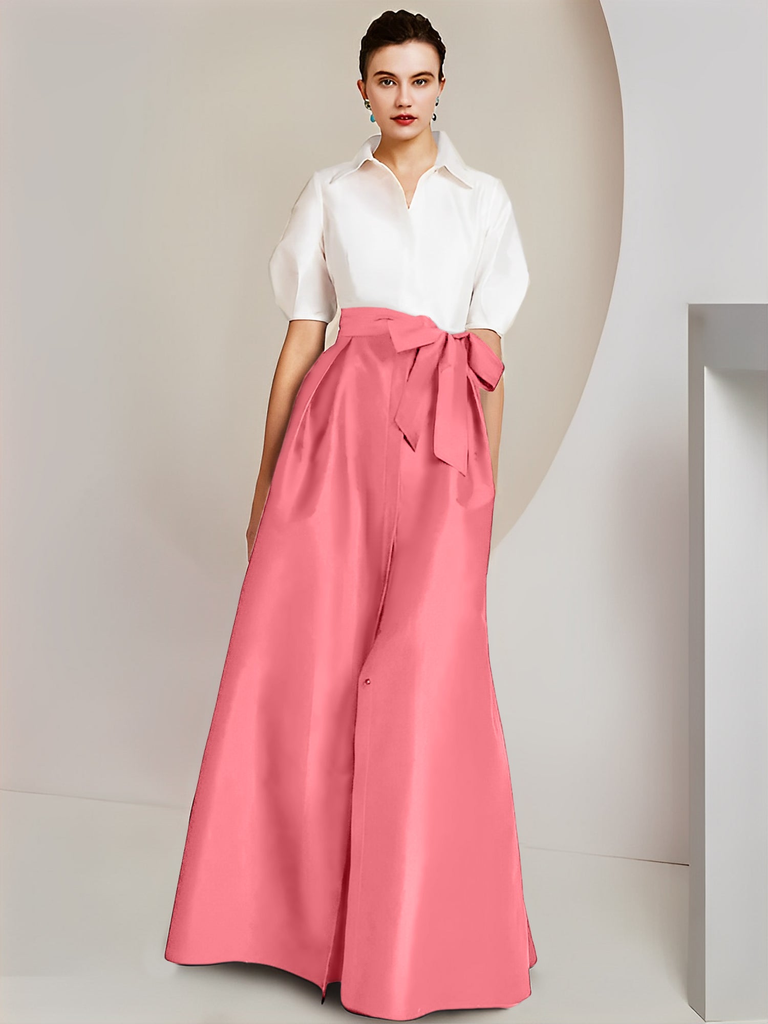 A Line Floor Length Mother Of The Bride Dress Bowknot Shirt Collar Short Sleeves