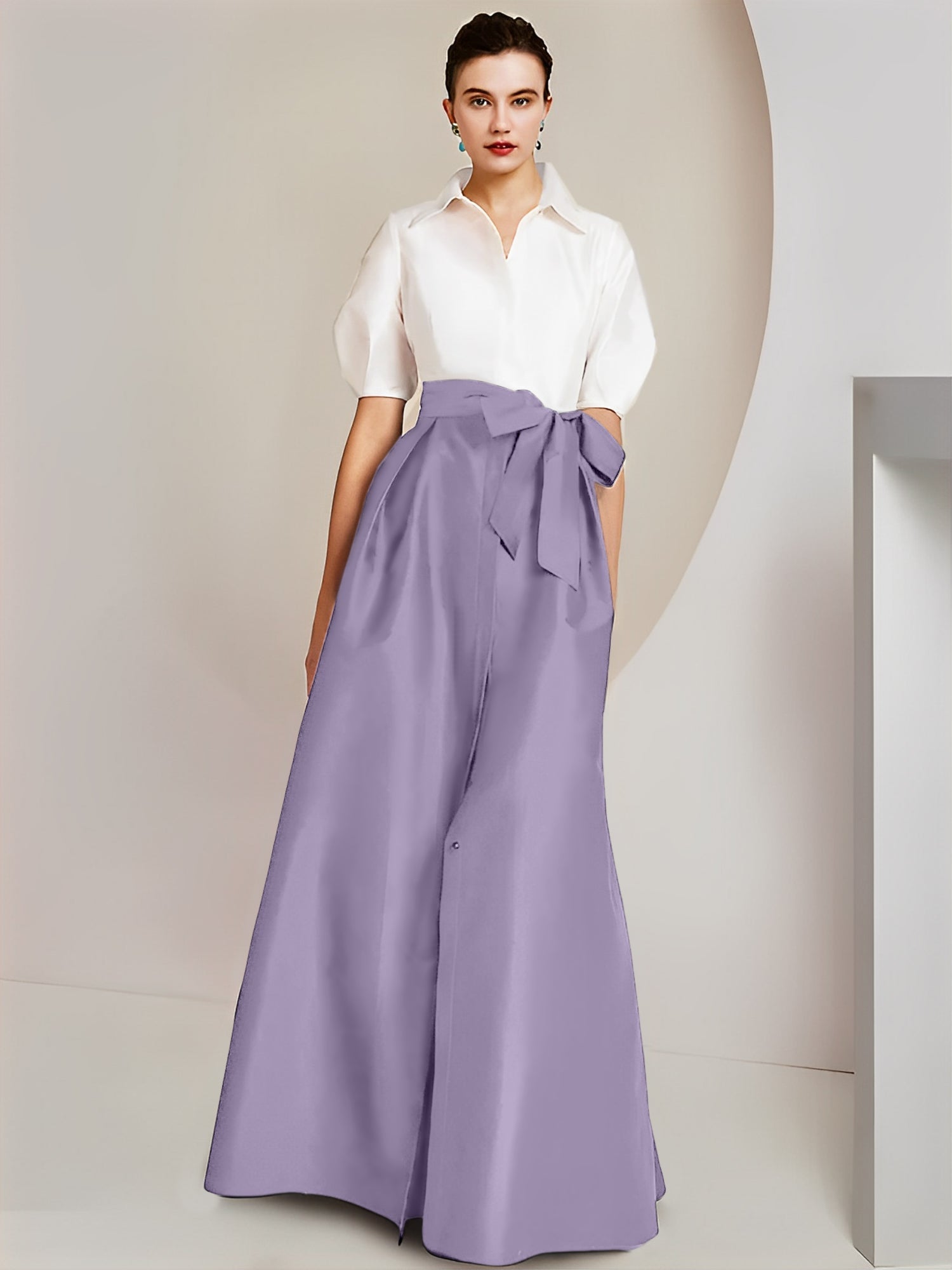 A Line Floor Length Mother Of The Bride Dress Bowknot Shirt Collar Short Sleeves