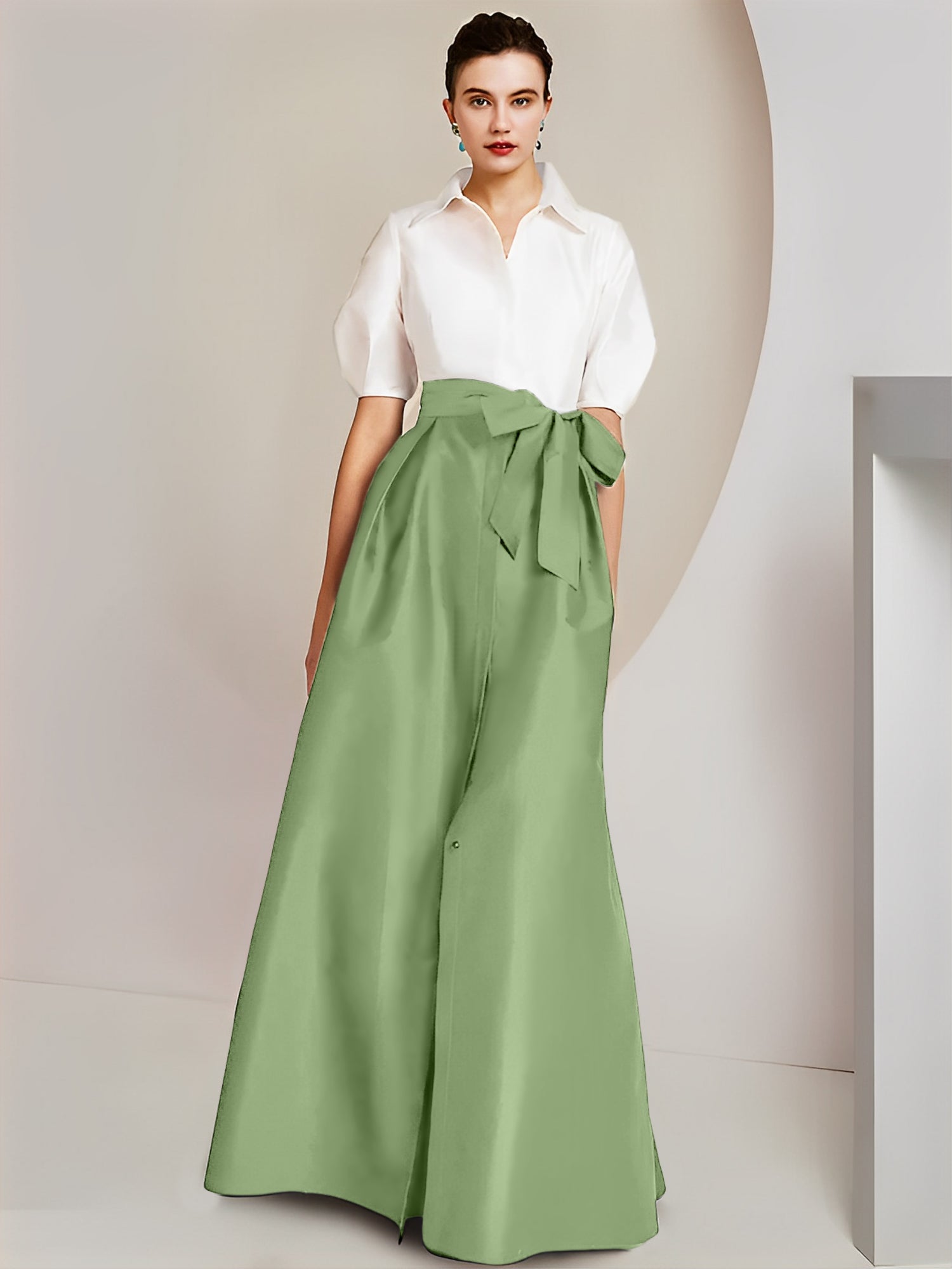 A Line Floor Length Mother Of The Bride Dress Bowknot Shirt Collar Short Sleeves