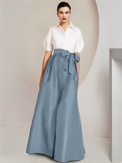 Vestido de 2 piezas para madre de la novia, corte A/princesa, cuello camisero, mangas cortas 