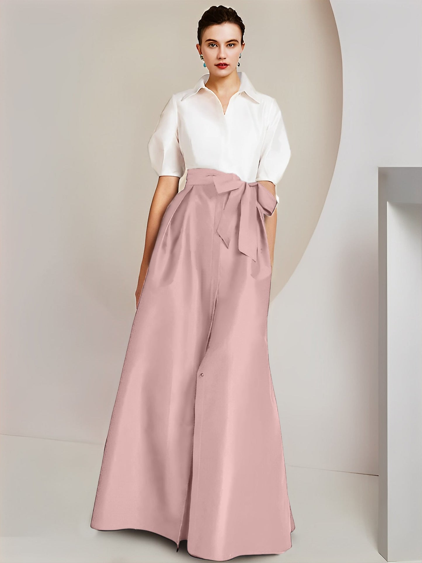 Vestido de 2 piezas para madre de la novia, corte A/princesa, cuello camisero, mangas cortas 