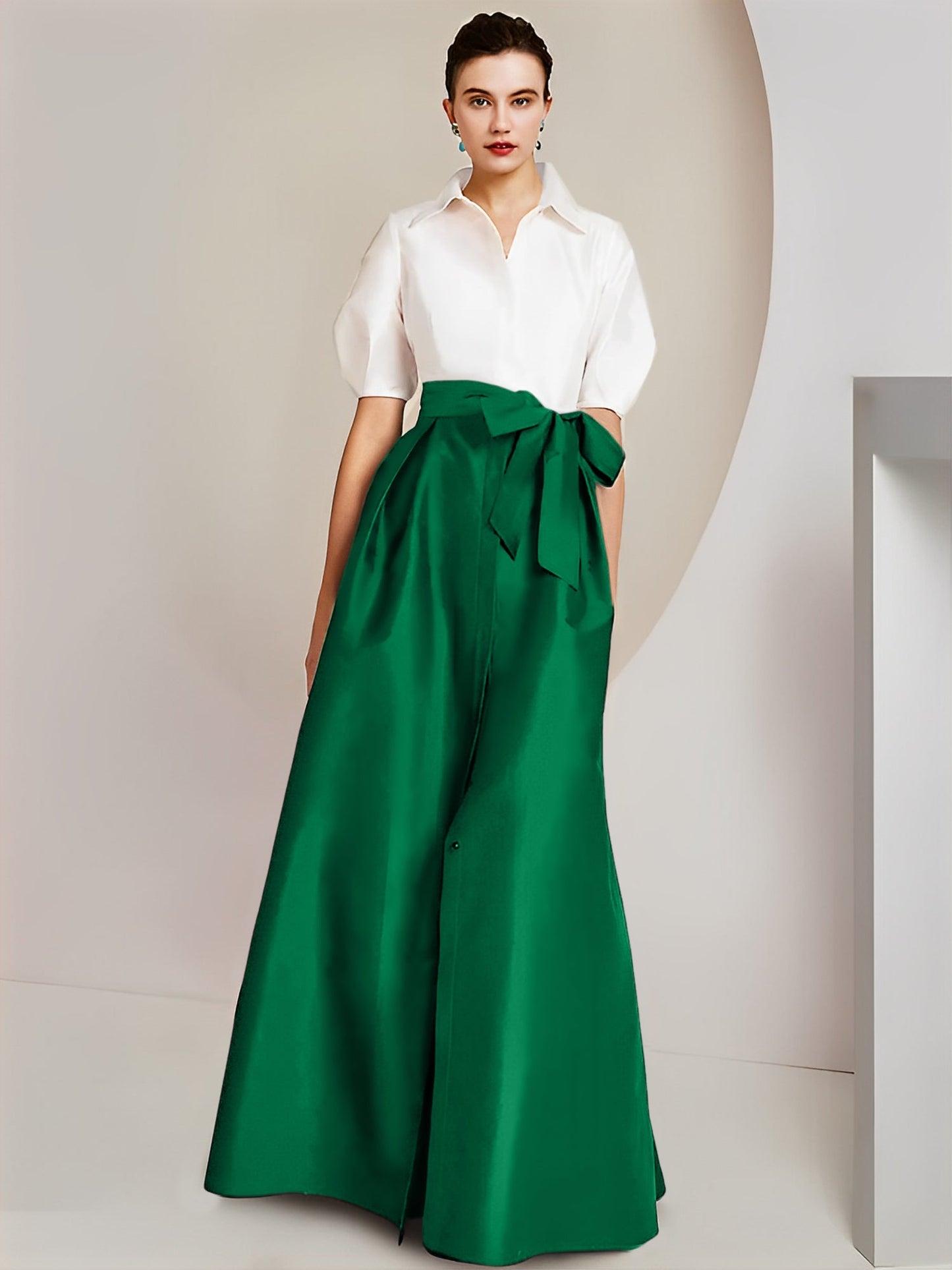 Vestido de 2 piezas para madre de la novia, corte A/princesa, cuello camisero, mangas cortas 