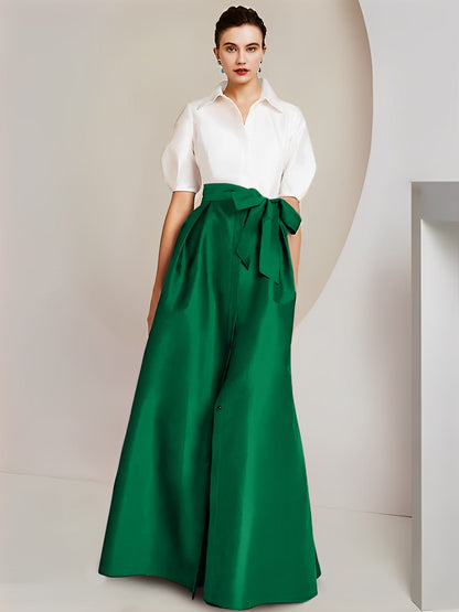 Vestido de 2 piezas para madre de la novia, corte A/princesa, cuello camisero, mangas cortas 