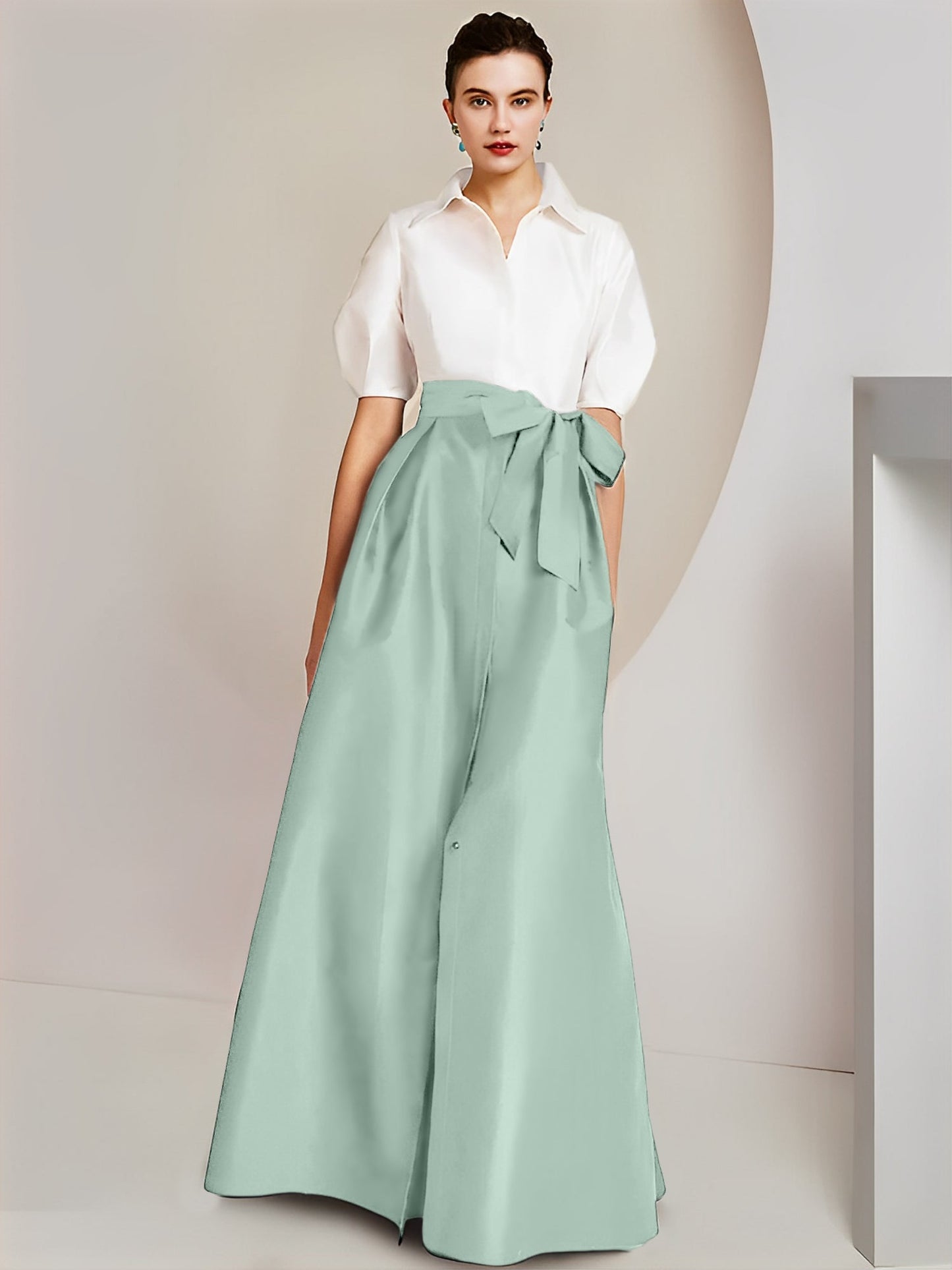 Vestido de 2 piezas para madre de la novia, corte A/princesa, cuello camisero, mangas cortas 