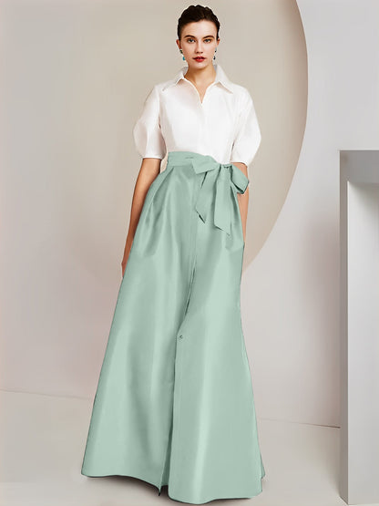 Vestido de 2 piezas para madre de la novia, corte A/princesa, cuello camisero, mangas cortas 