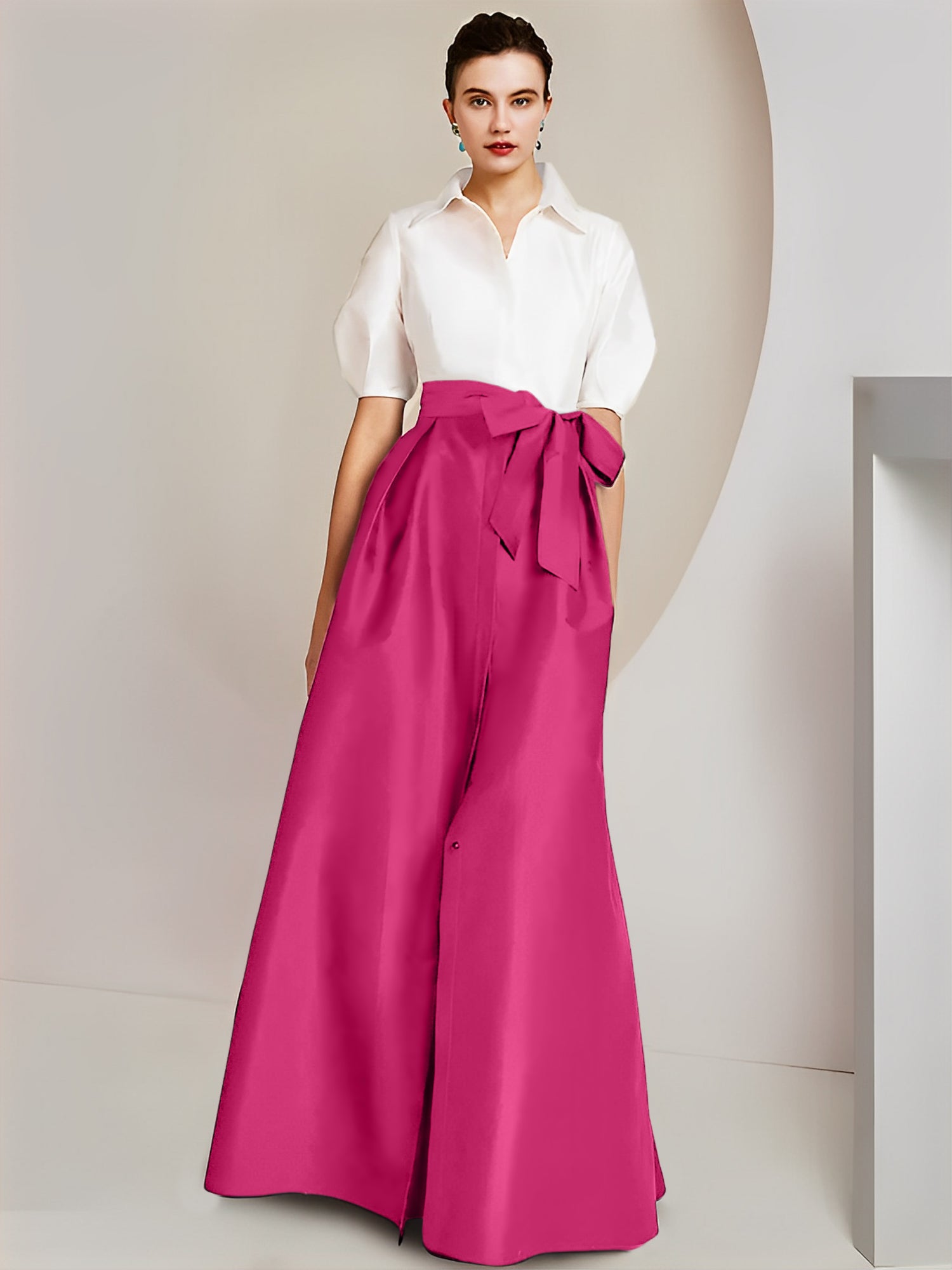 A Line Floor Length Mother Of The Bride Dress Bowknot Shirt Collar Short Sleeves