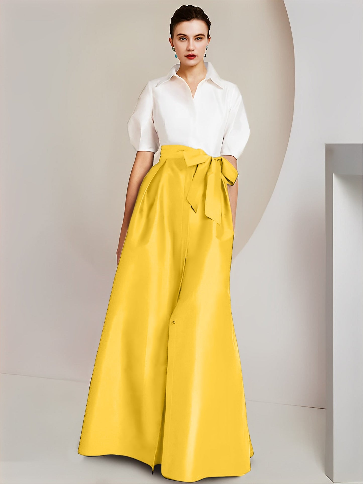 Vestido de 2 piezas para madre de la novia, corte A/princesa, cuello camisero, mangas cortas 