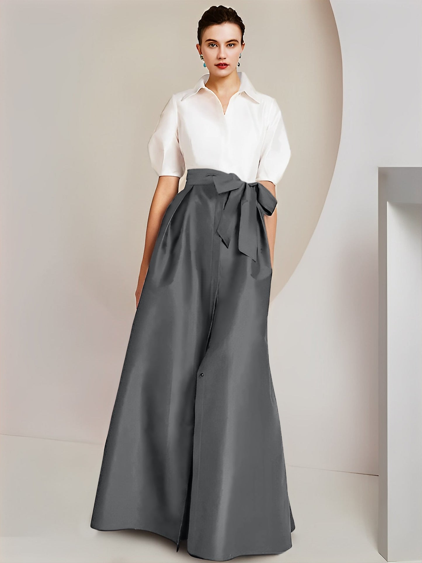 Vestido de 2 piezas para madre de la novia, corte A/princesa, cuello camisero, mangas cortas 