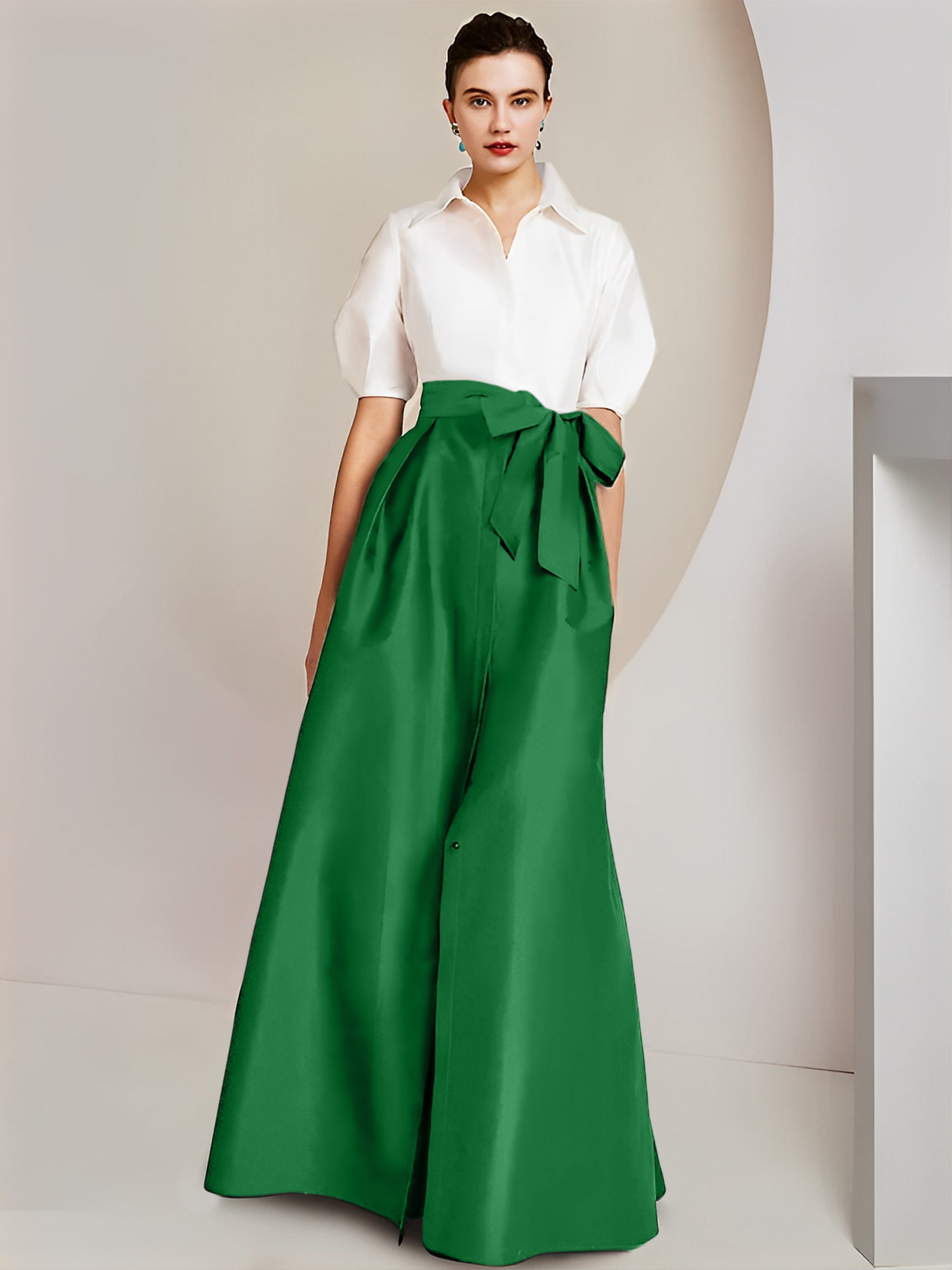 A Line Floor Length Mother Of The Bride Dress Bowknot Shirt Collar Short Sleeves