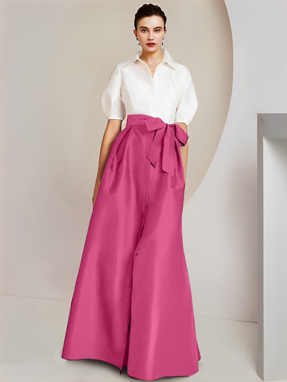 Vestido de 2 piezas para madre de la novia, corte A/princesa, cuello camisero, mangas cortas 