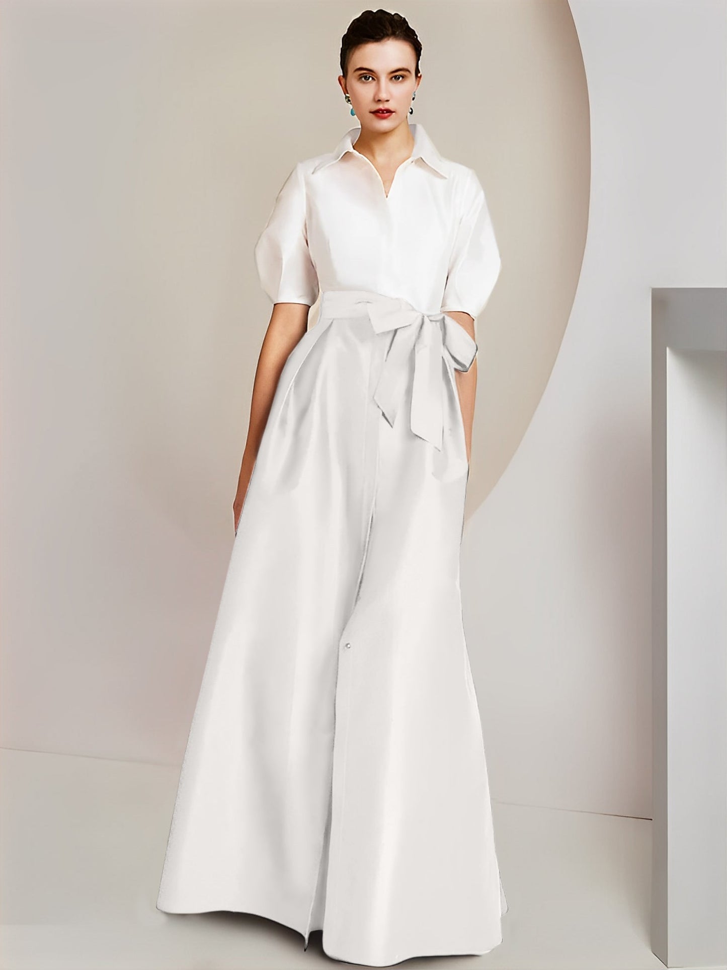 Vestido de 2 piezas para madre de la novia, corte A/princesa, cuello camisero, mangas cortas 