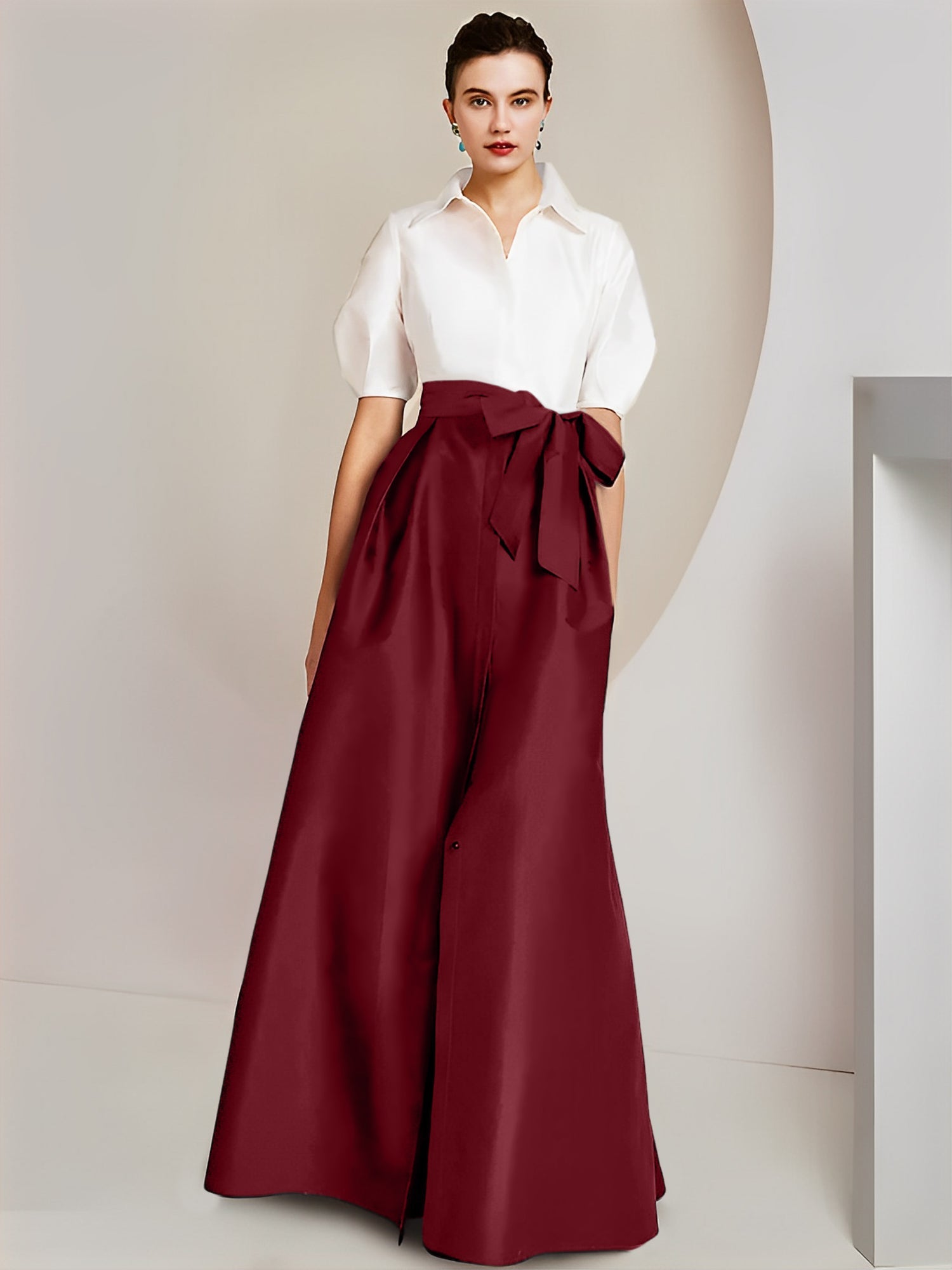 A Line Floor Length Mother Of The Bride Dress Bowknot Shirt Collar Short Sleeves