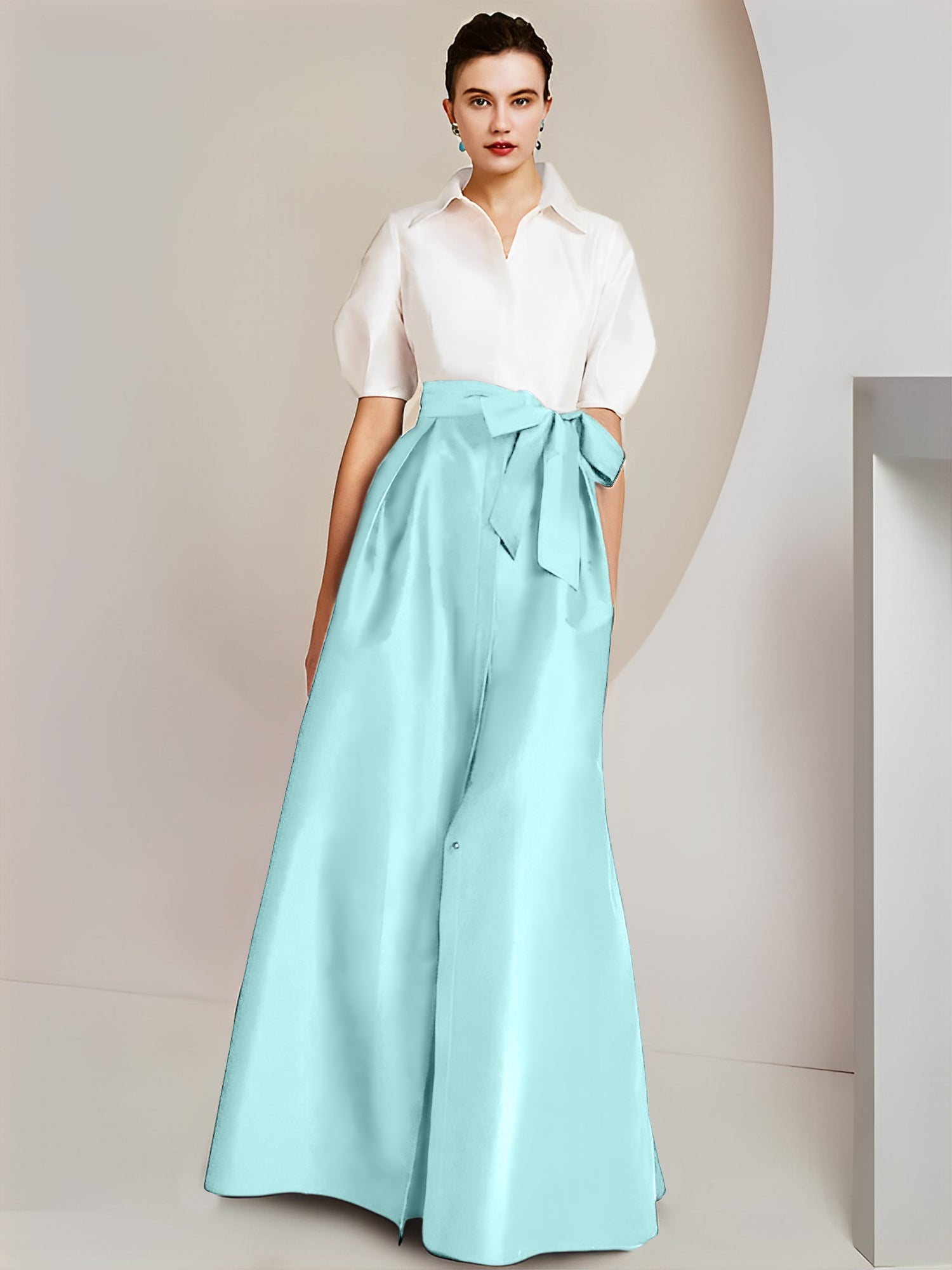 A Line Floor Length Mother Of The Bride Dress Bowknot Shirt Collar Short Sleeves