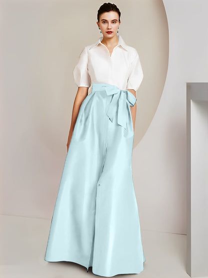 Vestido de 2 piezas para madre de la novia, corte A/princesa, cuello camisero, mangas cortas 