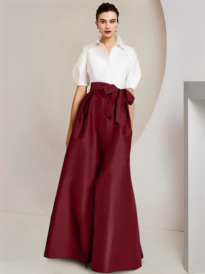 Vestido de 2 piezas para madre de la novia, corte A/princesa, cuello camisero, mangas cortas 