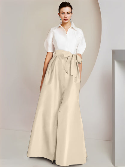 Vestido de 2 piezas para madre de la novia, corte A/princesa, cuello camisero, mangas cortas 