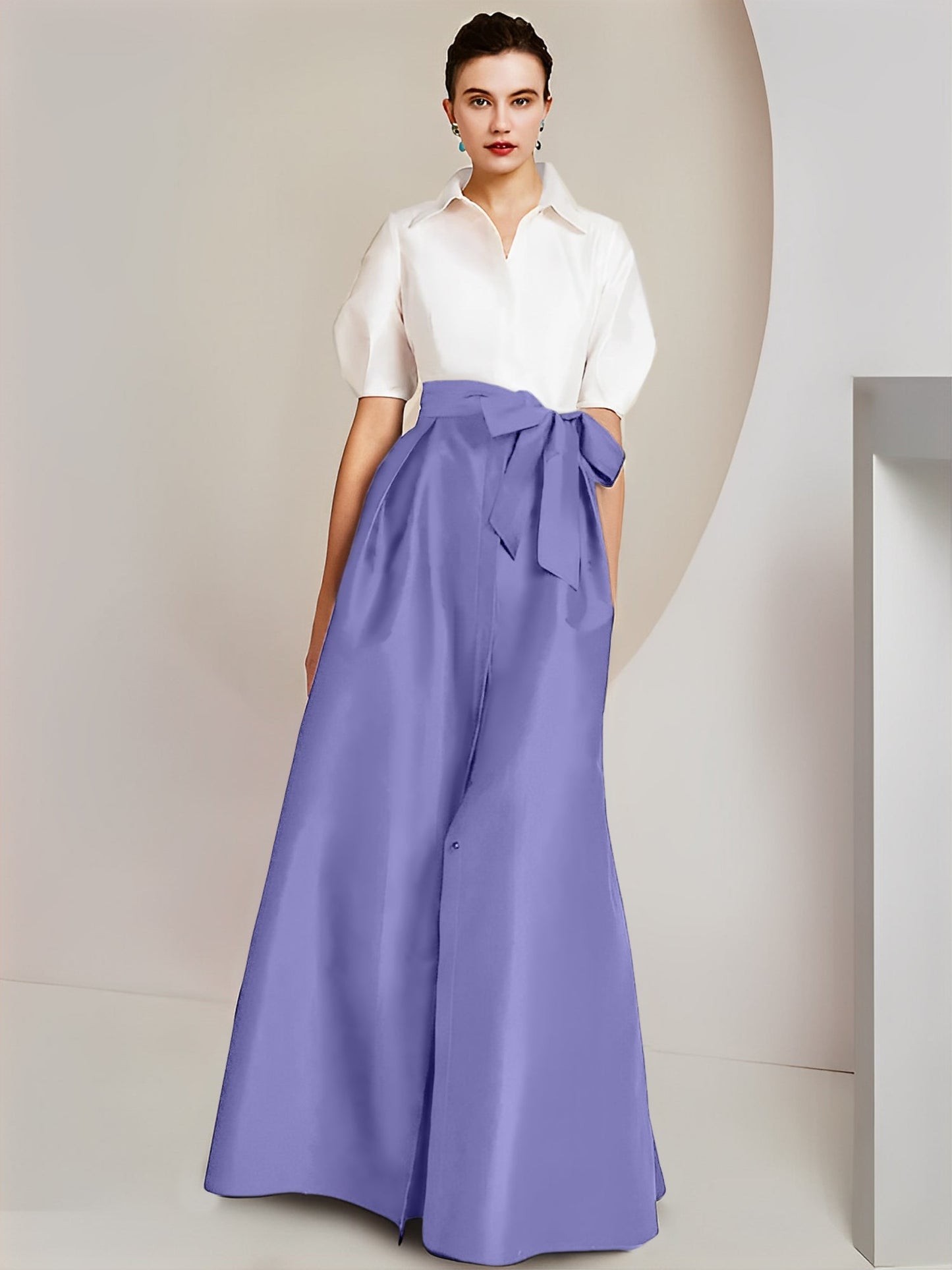Vestido de 2 piezas para madre de la novia, corte A/princesa, cuello camisero, mangas cortas 