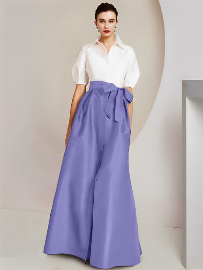 Vestido de 2 piezas para madre de la novia, corte A/princesa, cuello camisero, mangas cortas 
