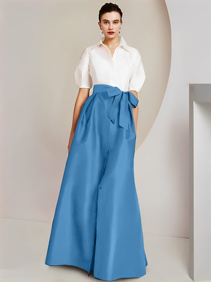 Vestido de 2 piezas para madre de la novia, corte A/princesa, cuello camisero, mangas cortas 