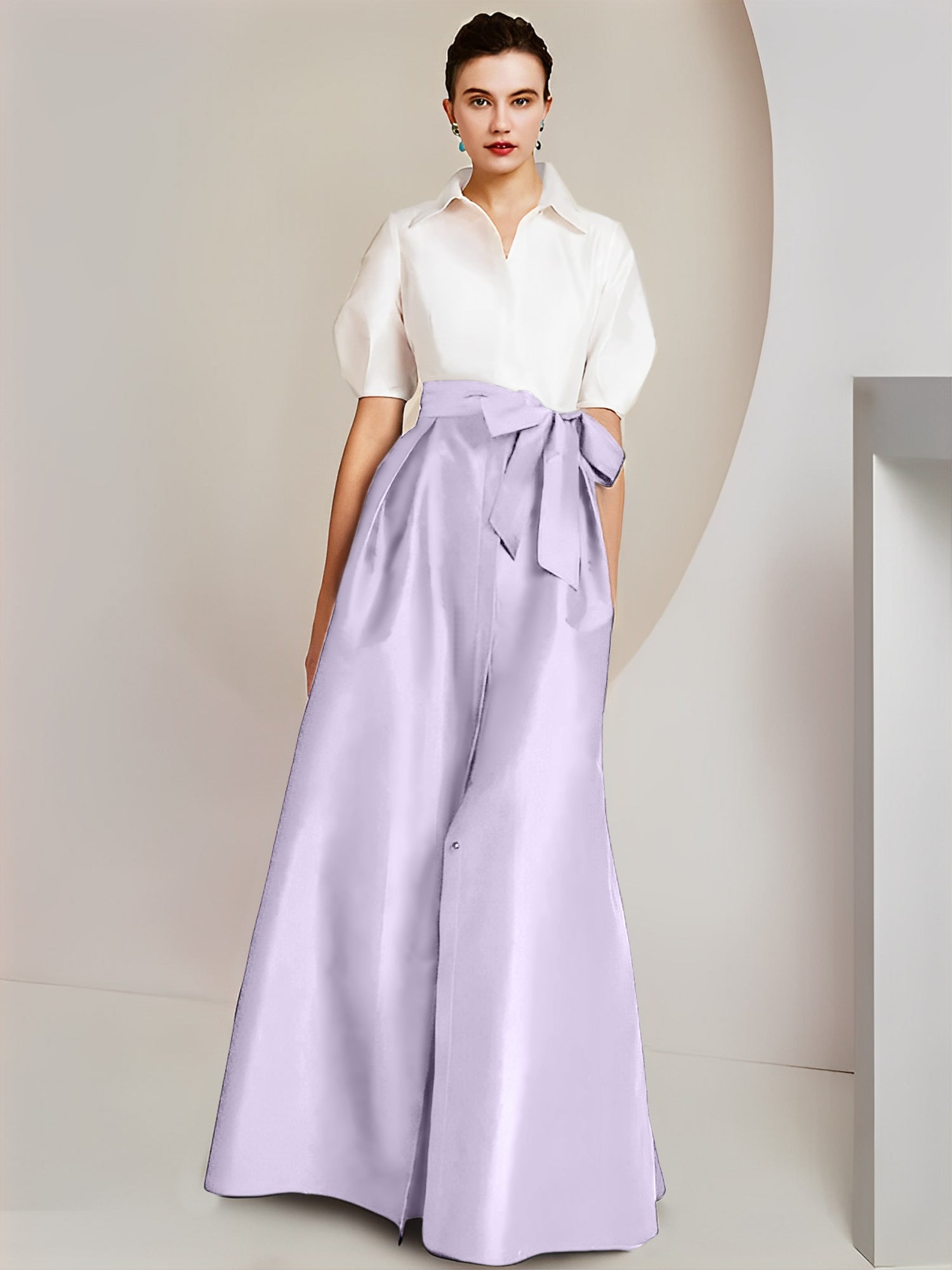 A Line Floor Length Mother Of The Bride Dress Bowknot Shirt Collar Short Sleeves