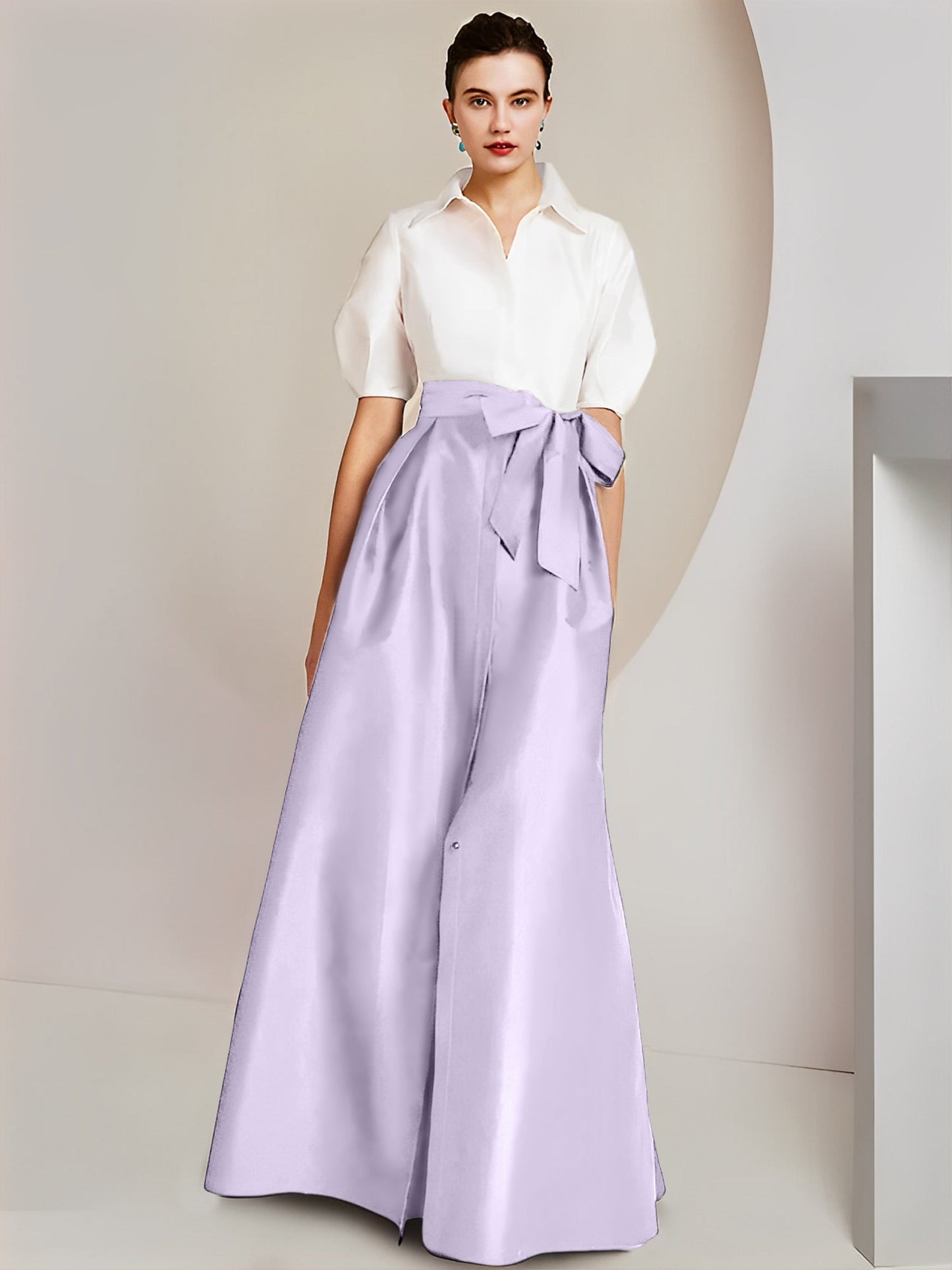 Vestido de 2 piezas para madre de la novia, corte A/princesa, cuello camisero, mangas cortas 