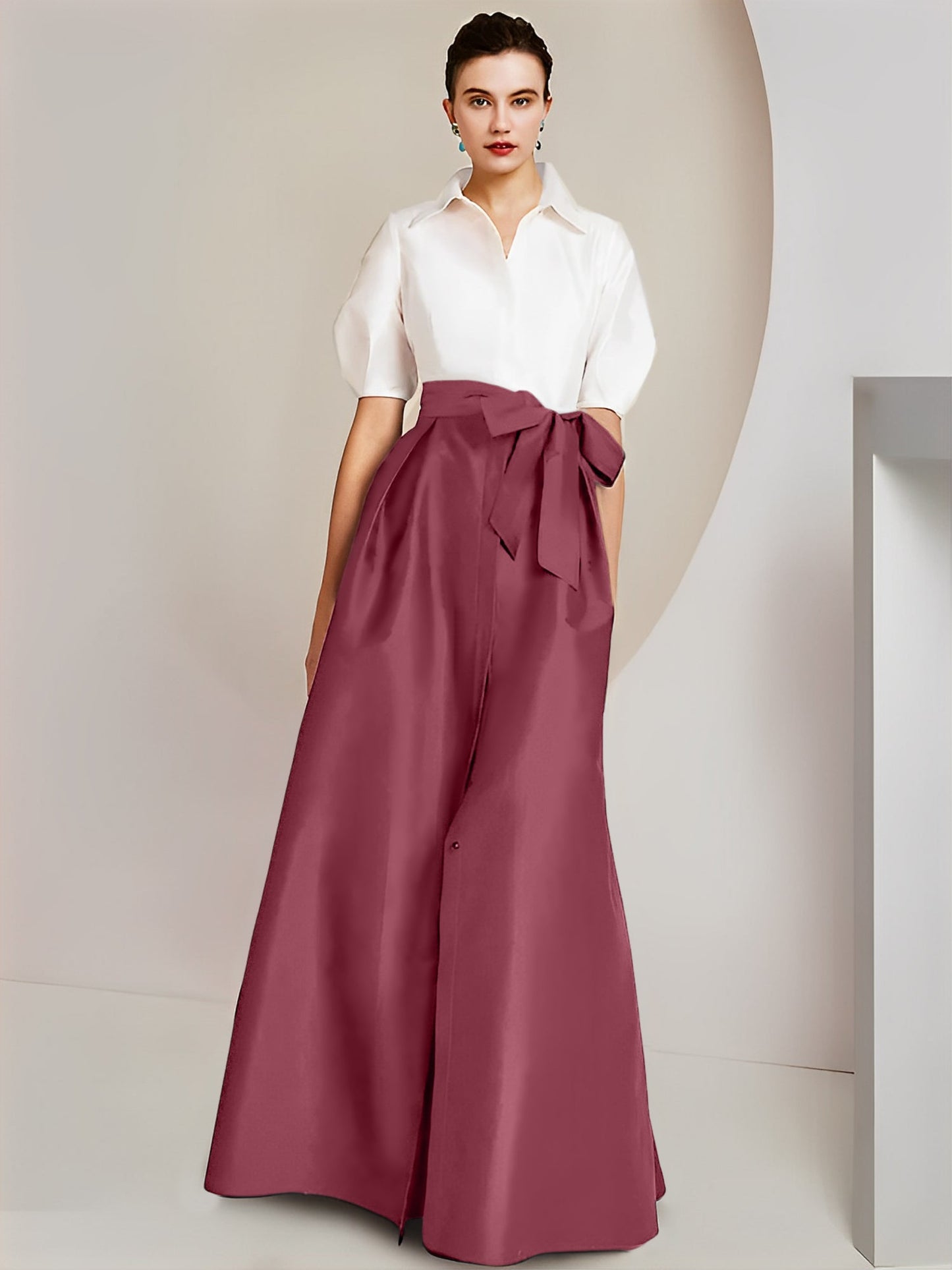 Vestido de 2 piezas para madre de la novia, corte A/princesa, cuello camisero, mangas cortas 