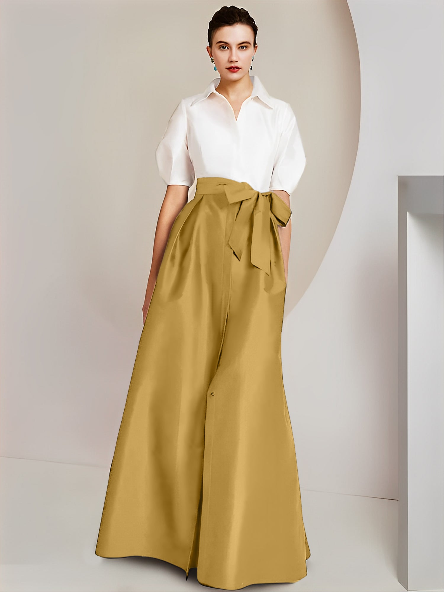A Line Floor Length Mother Of The Bride Dress Bowknot Shirt Collar Short Sleeves